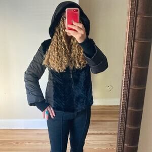 Max & Moi Paris fur quilted hooded puffer bomber jacket black sweater sleeve